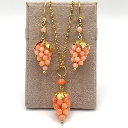Italian Artisan Collection . Coral Earring & Necklace in Silver 925 . Pacific Pink Coral