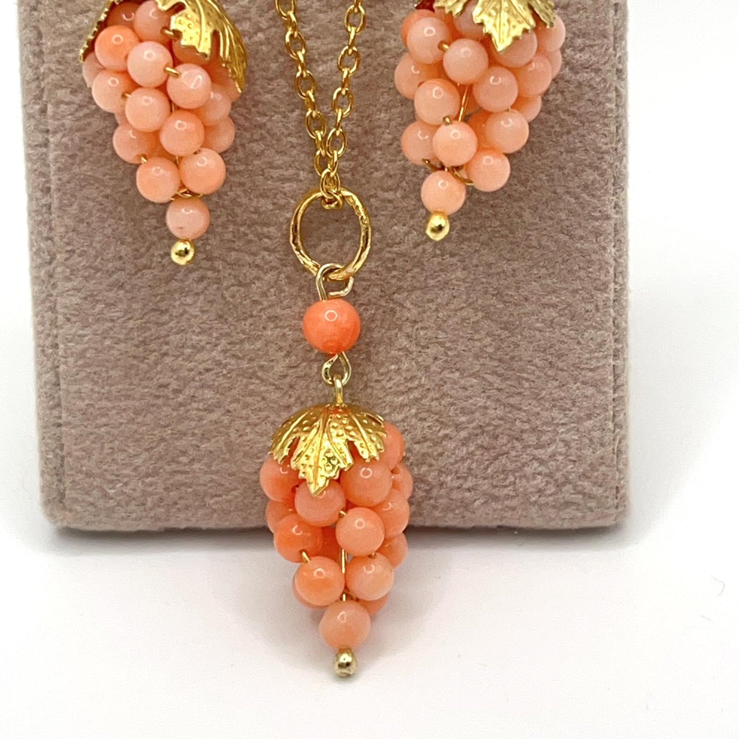 Italian Artisan Collection . Coral Earring & Necklace in Silver 925 . Pacific Pink Coral