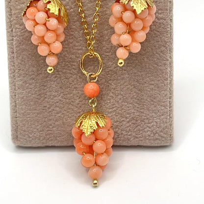 Italian Artisan Collection . Coral Earring & Necklace in Silver 925 . Pacific Pink Coral