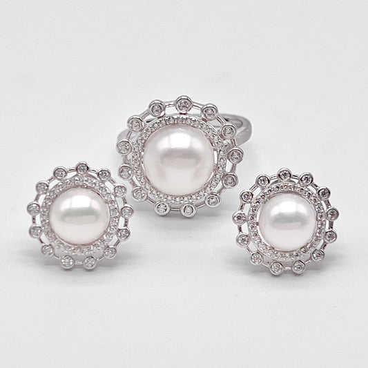 Retro Wind. Freshwater Pearl Earrings and Ring Set in silver 925. Round Spark 02