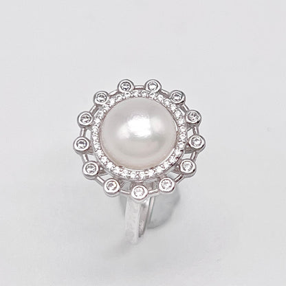 Retro Wind. Freshwater Pearl Earrings and Ring Set in silver 925. Round Spark 02