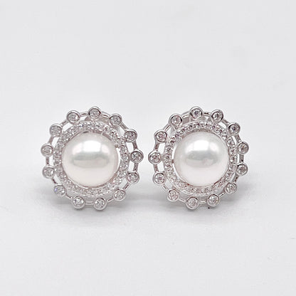 Retro Wind. Freshwater Pearl Earrings and Ring Set in silver 925. Round Spark 02