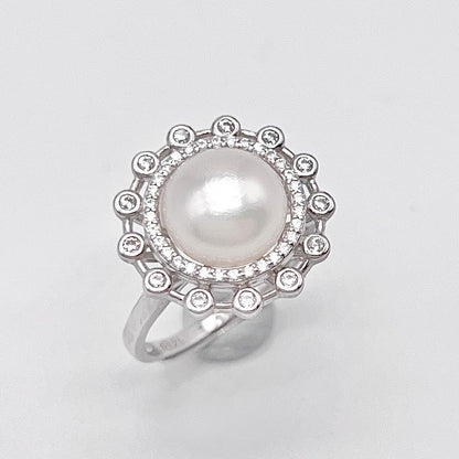 Retro Wind. Freshwater Pearl Earrings and Ring Set in silver 925. Round Spark 02