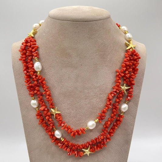 Italian Artisan Collection. Coral & Pearl Necklace in Silver 925 With Sea-Inspired Elements