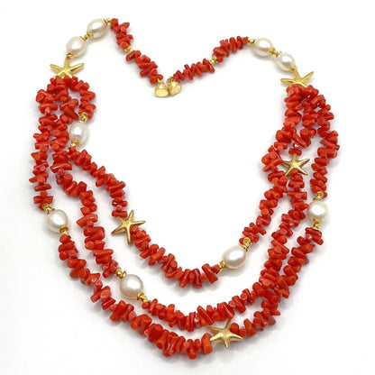 Italian Artisan Collection. Coral & Pearl Necklace in Silver 925 With Sea-Inspired Elements