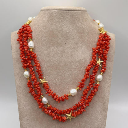 Italian Artisan Collection. Coral & Pearl Necklace in Silver 925 With Sea-Inspired Elements