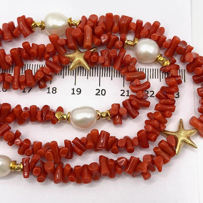 Italian Artisan Collection. Coral & Pearl Necklace in Silver 925 With Sea-Inspired Elements