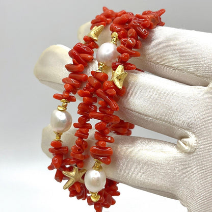 Italian Artisan Collection. Coral & Pearl Bracelet in Silver 925 With Sea-Inspired Elements