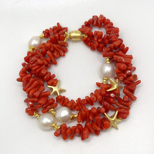 Italian Artisan Collection. Coral & Pearl Bracelet in Silver 925 With Sea-Inspired Elements