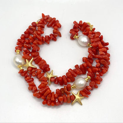Italian Artisan Collection. Coral & Pearl Bracelet in Silver 925 With Sea-Inspired Elements