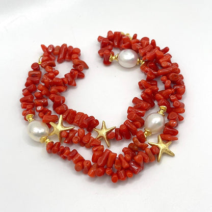Italian Artisan Collection. Coral & Pearl Bracelet in Silver 925 With Sea-Inspired Elements