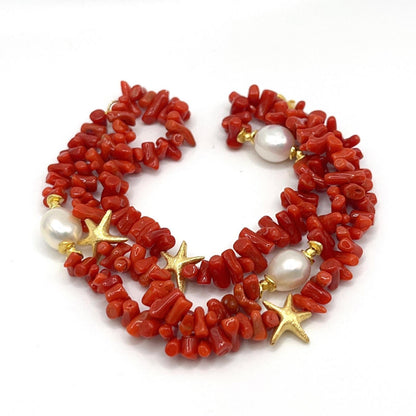 Italian Artisan Collection. Coral & Pearl Bracelet in Silver 925 With Sea-Inspired Elements