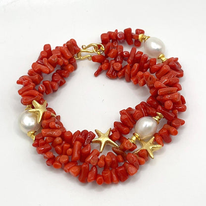 Italian Artisan Collection. Coral & Pearl Bracelet in Silver 925 With Sea-Inspired Elements