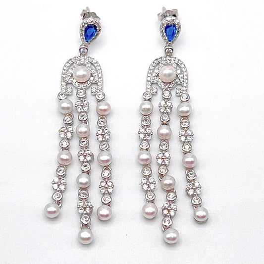 Antique Impression. Earring of Pearl in Silver 925. Blue Stone & 3 Strands Fringe