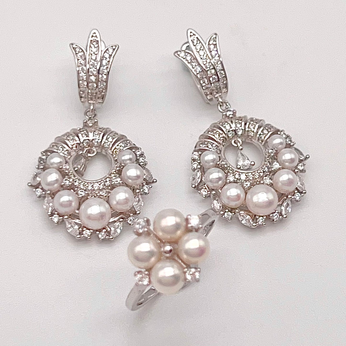 Antique Impression. Pearl Earring & Ring Set in Silver 925