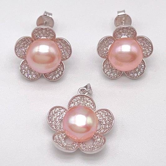 Modern Collection. Earring and Necklace of Pearl set in Silver 925. Azalea Set | Orange
