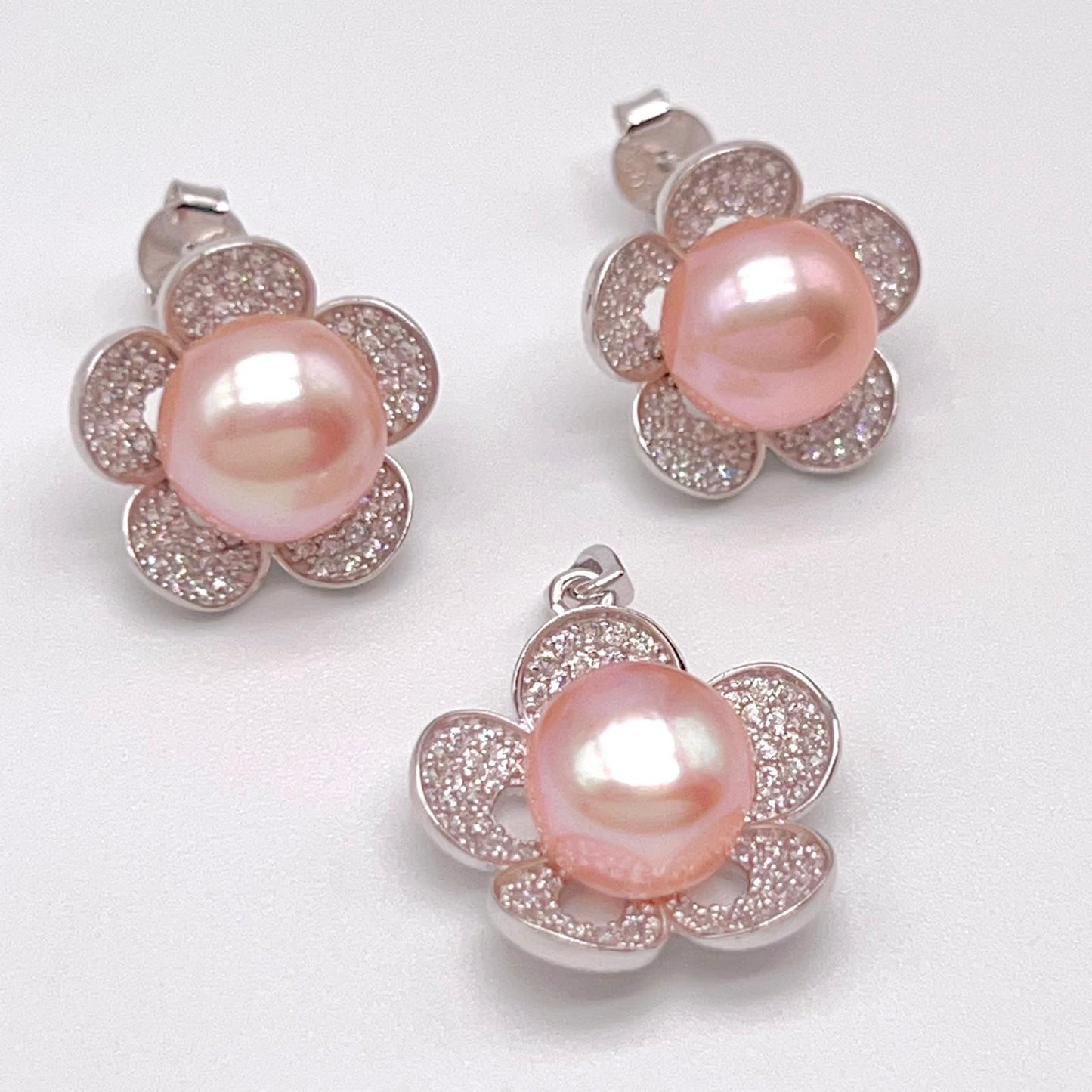 Modern Collection. Earring and Necklace of Pearl set in Silver 925. Azalea Set | Orange