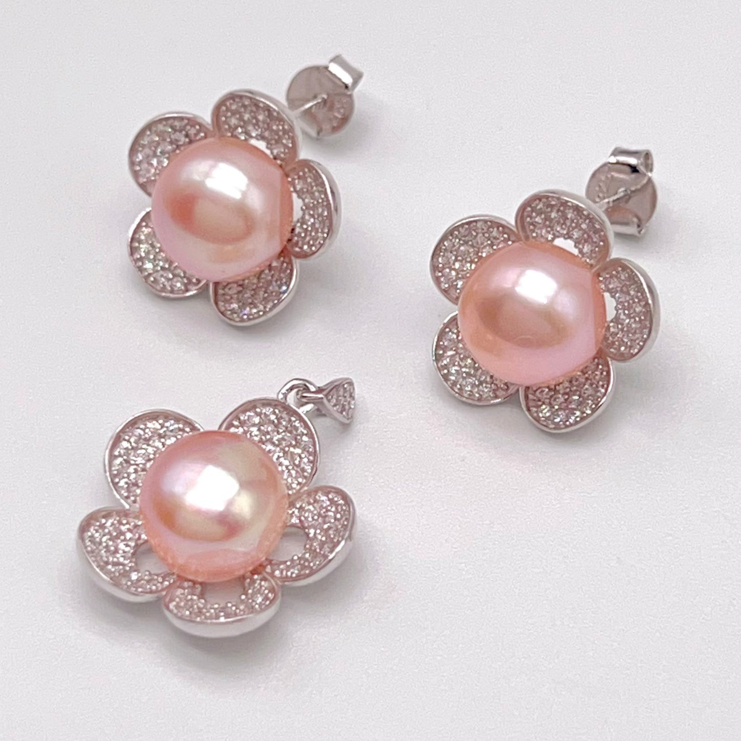 Modern Collection. Earring and Necklace of Pearl set in Silver 925. Azalea Set | Orange
