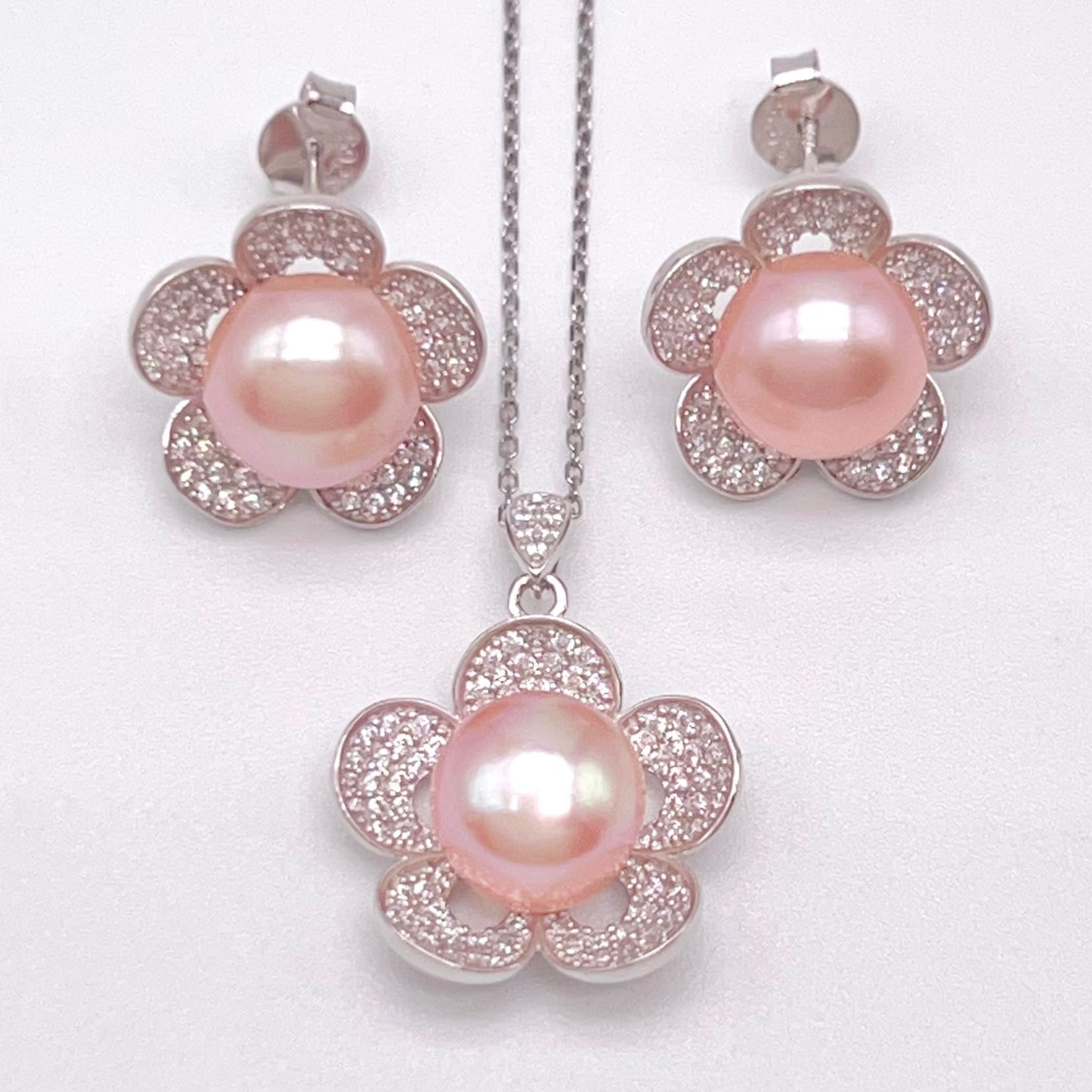 Modern Collection. Earring and Necklace of Pearl set in Silver 925. Azalea Set | Orange
