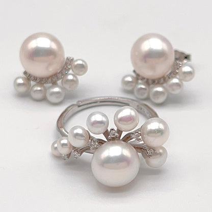 Antique Impression . Multi-pearl Ring & Earring Set in Silver 925 . Button & Lash