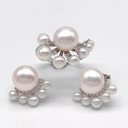 Antique Impression . Multi-pearl Ring & Earring Set in Silver 925 . Button & Lash