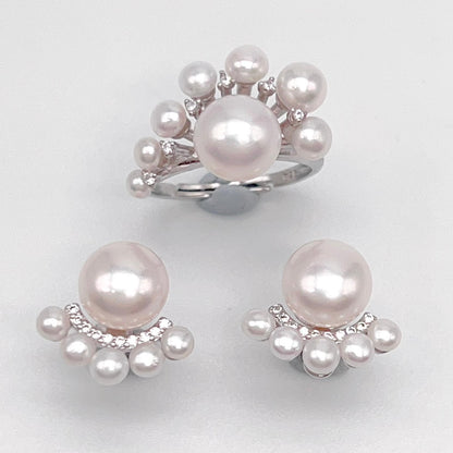 Antique Impression . Multi-pearl Ring & Earring Set in Silver 925 . Button & Lash