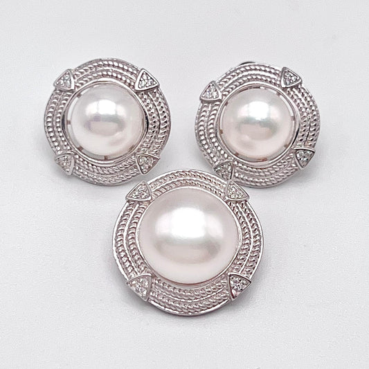 Retro Wind . Set of Pearl Earrings & Necklace in Silver 925 . Rope Button