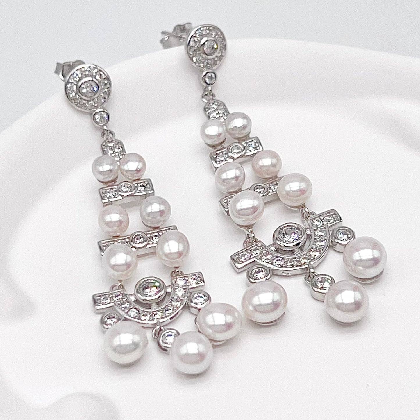 Antique Impression. Multi-pearl Earring in Silver 925. Edwardian Chandelier