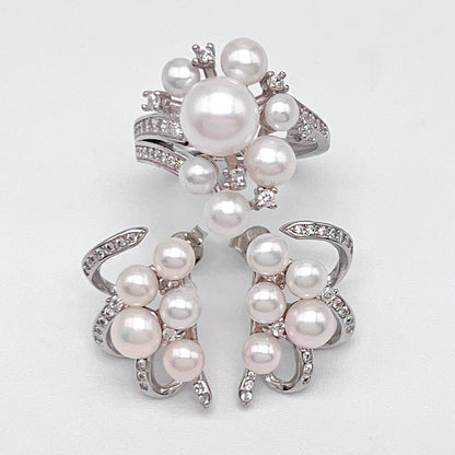 Antique Impression. Multi-pearl Ring and Earring Set in Silver 925. Ribbon & Snowball