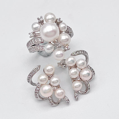 Antique Impression. Multi-pearl Ring and Earring Set in Silver 925. Ribbon & Snowball
