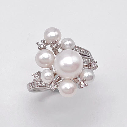 Antique Impression. Multi-pearl Ring and Earring Set in Silver 925. Ribbon & Snowball