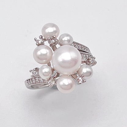 Antique Impression. Multi-pearl Ring and Earring Set in Silver 925. Ribbon & Snowball