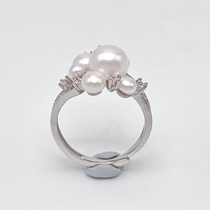 Antique Impression. Multi-pearl Ring and Earring Set in Silver 925. Ribbon & Snowball