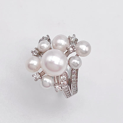 Antique Impression. Multi-pearl Ring and Earring Set in Silver 925. Ribbon & Snowball