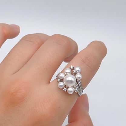 Antique Impression. Multi-pearl Ring and Earring Set in Silver 925. Ribbon & Snowball