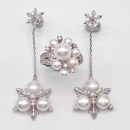 Contemporary Cocktail. Earring and Ring of Pearl Set in Silver 925. Triangular Snowflake