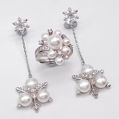 Contemporary Cocktail. Earring and Ring of Pearl Set in Silver 925. Triangular Snowflake