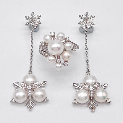 Contemporary Cocktail. Earring and Ring of Pearl Set in Silver 925. Triangular Snowflake