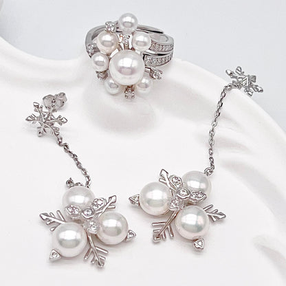 Contemporary Cocktail. Earring and Ring of Pearl Set in Silver 925. Triangular Snowflake