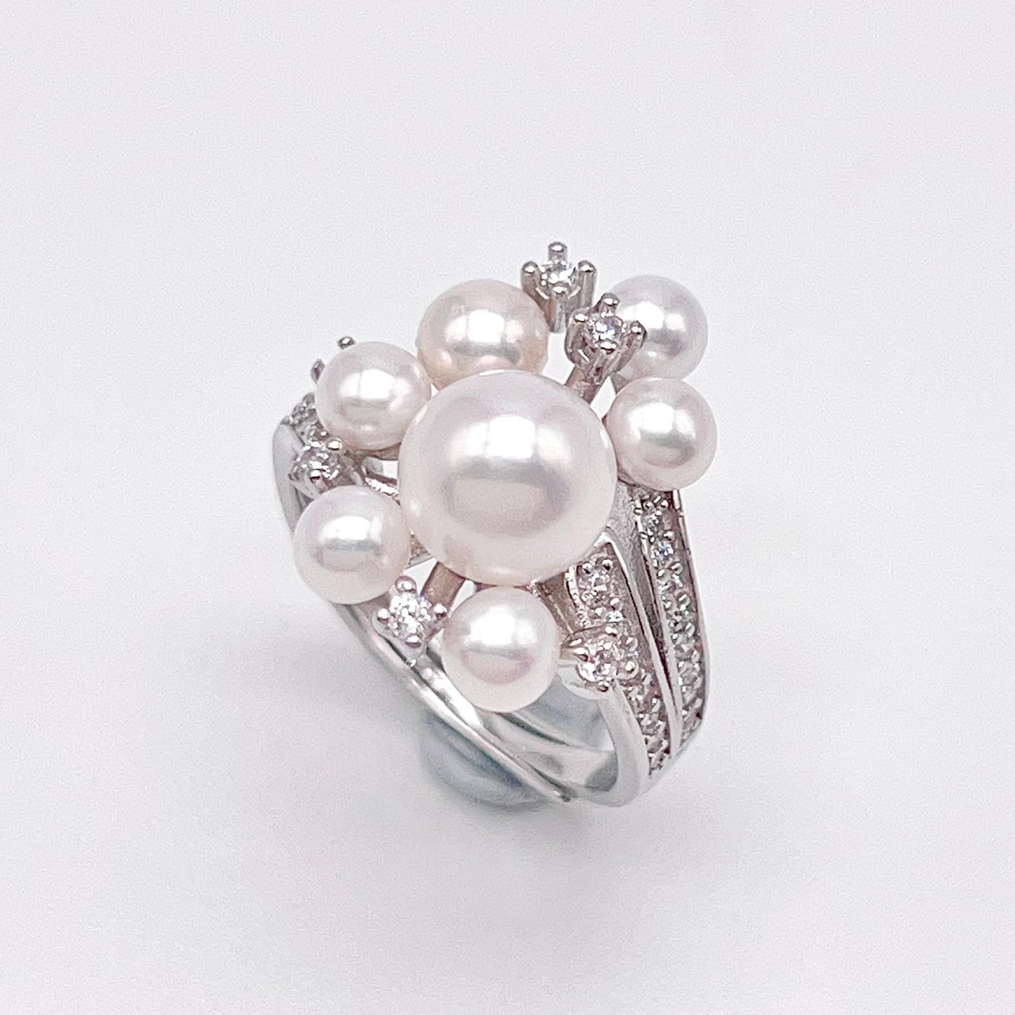 Contemporary Cocktail. Earring and Ring of Pearl Set in Silver 925. Triangular Snowflake
