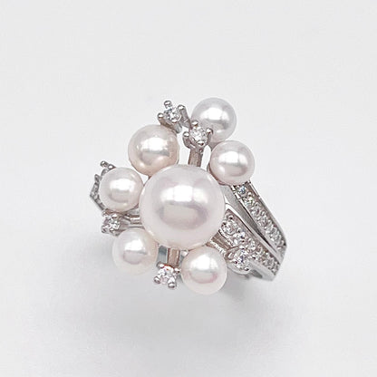 Contemporary Cocktail. Earring and Ring of Pearl Set in Silver 925. Triangular Snowflake