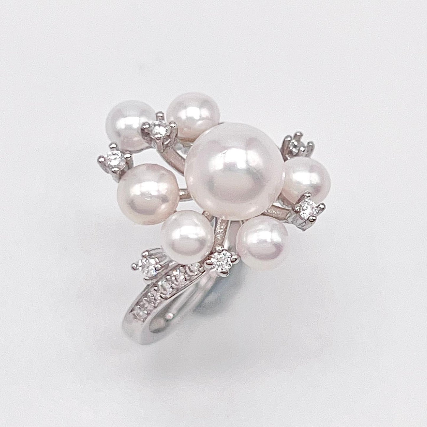 Contemporary Cocktail. Earring and Ring of Pearl Set in Silver 925. Triangular Snowflake
