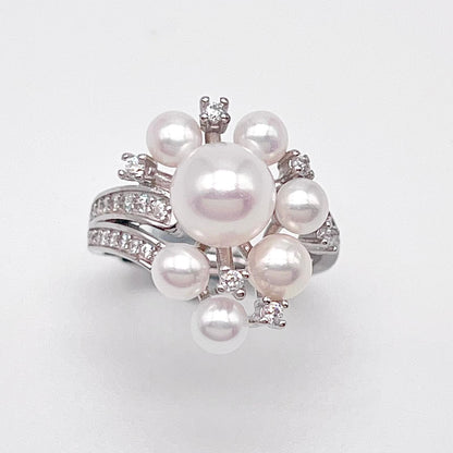 Contemporary Cocktail. Earring and Ring of Pearl Set in Silver 925. Triangular Snowflake