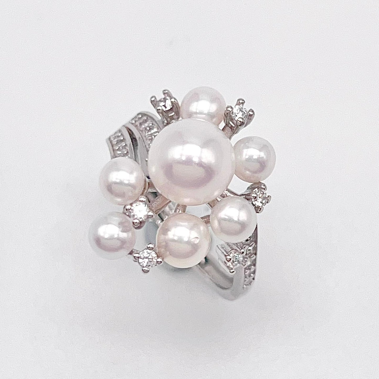 Contemporary Cocktail. Earring and Ring of Pearl Set in Silver 925. Triangular Snowflake