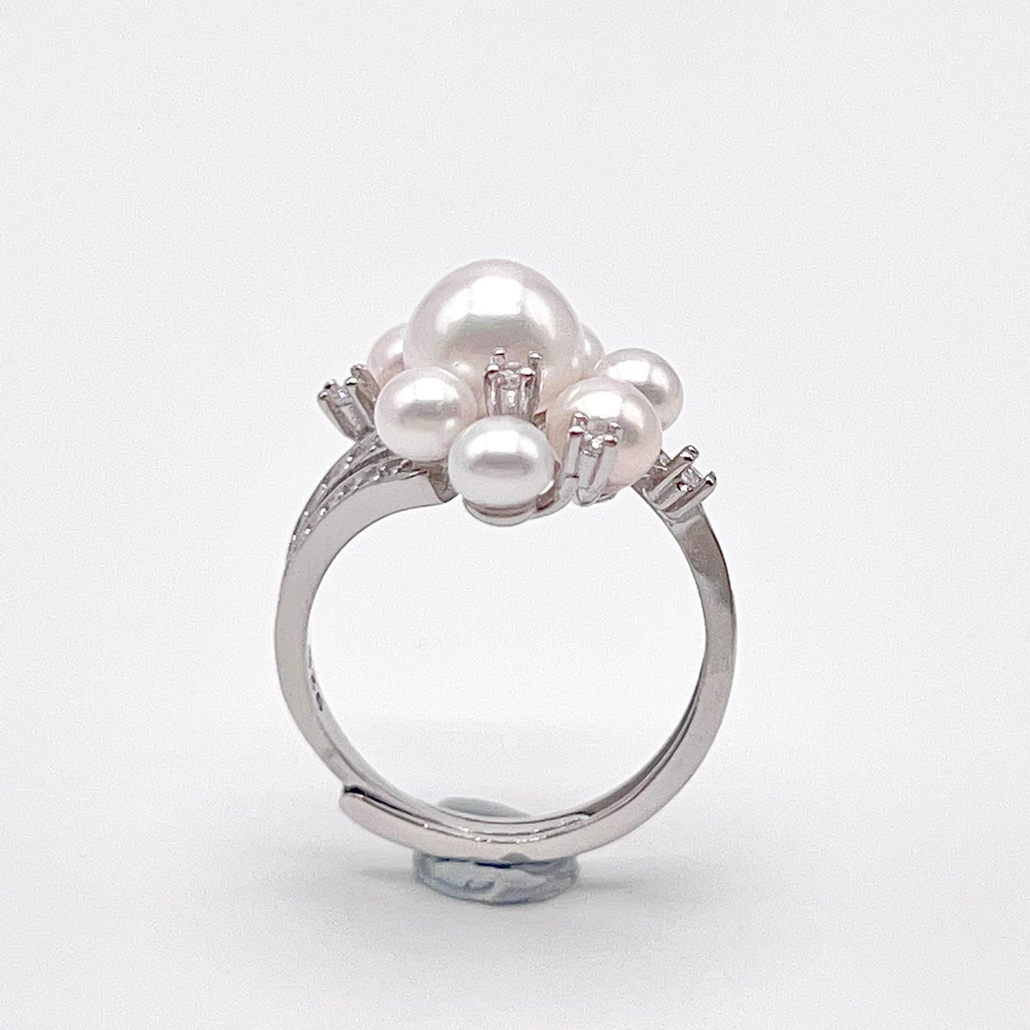 Contemporary Cocktail. Earring and Ring of Pearl Set in Silver 925. Triangular Snowflake