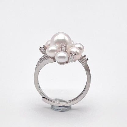 Contemporary Cocktail. Earring and Ring of Pearl Set in Silver 925. Triangular Snowflake