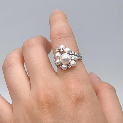 Contemporary Cocktail. Earring and Ring of Pearl Set in Silver 925. Triangular Snowflake