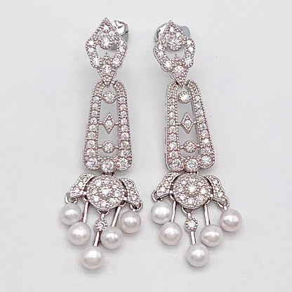 Antique Impression. Multi-pearl Earring in Silver 925. Edwardian Chandelier 5 pearl