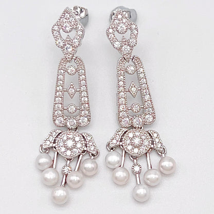 Antique Impression. Multi-pearl Earring in Silver 925. Edwardian Chandelier 5 pearl