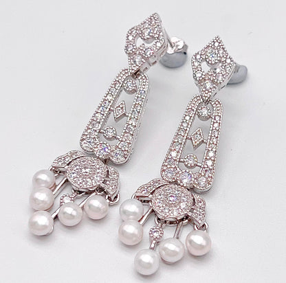 Antique Impression. Multi-pearl Earring in Silver 925. Edwardian Chandelier 5 pearl